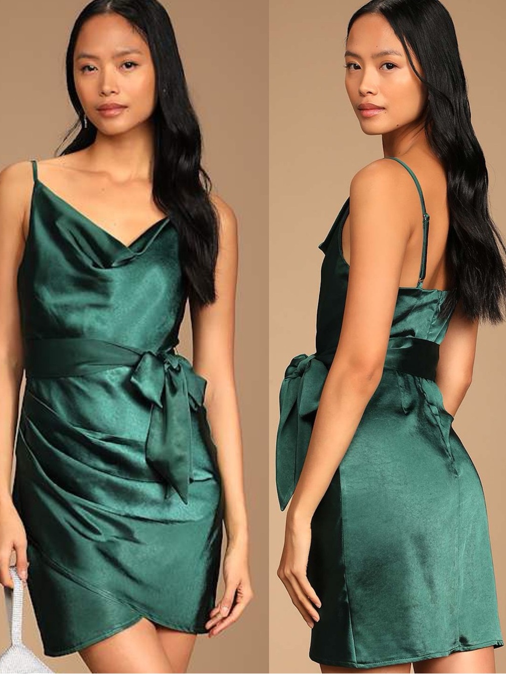 Lulus | Memorable Nights Emerald Satin Cowl Neck Tulip Mini Dress